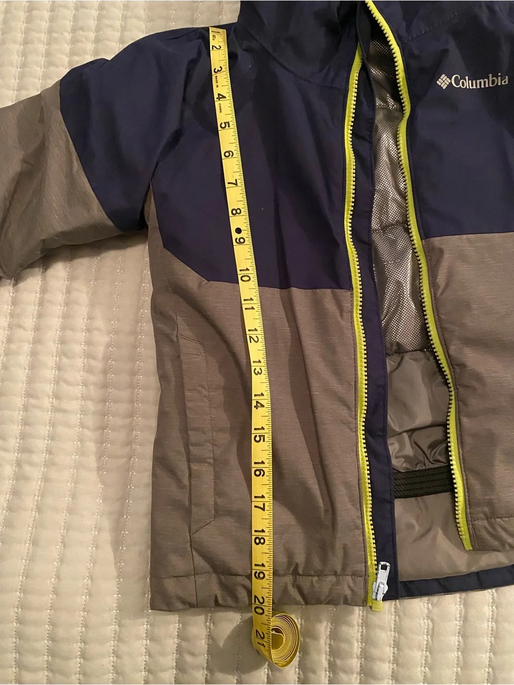 Columbia Navy and Gray Kids Hooded Puffer Jacket with Lime Trim